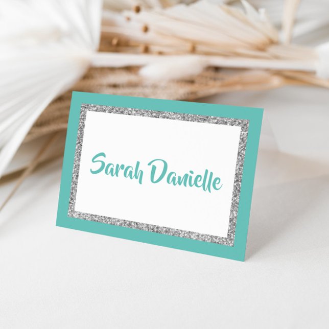 Glittery Teal and Silver Personalised Note Card (Creator Uploaded)