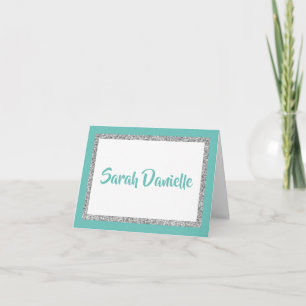 Glittery Teal and Silver Personalised Note Card