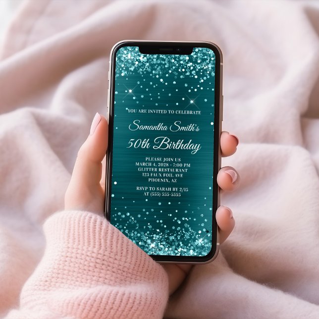 Glittery Teal Blue Foil 50th Birthday Invitation (Glittery Teal Blue Foil 50th Birthday Invitation)