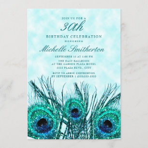 Glittery Teal Blue Peacock Feathers 30th Invitation