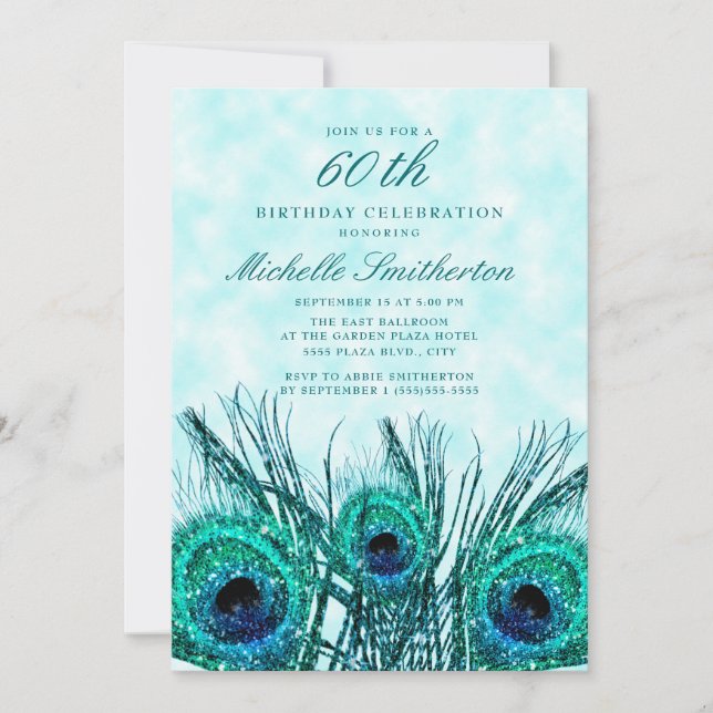 Glittery Teal Blue Peacock Feathers 60th Birthday Invitation (Front)