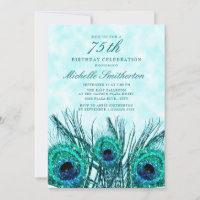 Glittery Teal Blue Peacock Feathers 75th Birthday