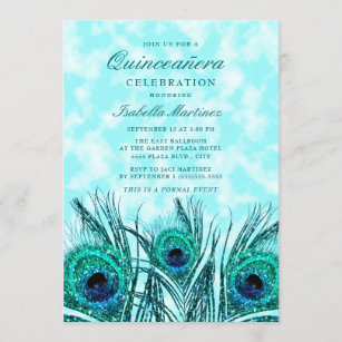 Glittery Teal Blue Peacock Feathers Quinceañera Invitation