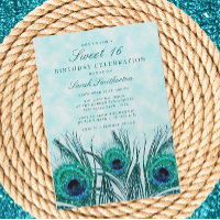 Glittery Teal Blue Peacock Feathers Sweet 16