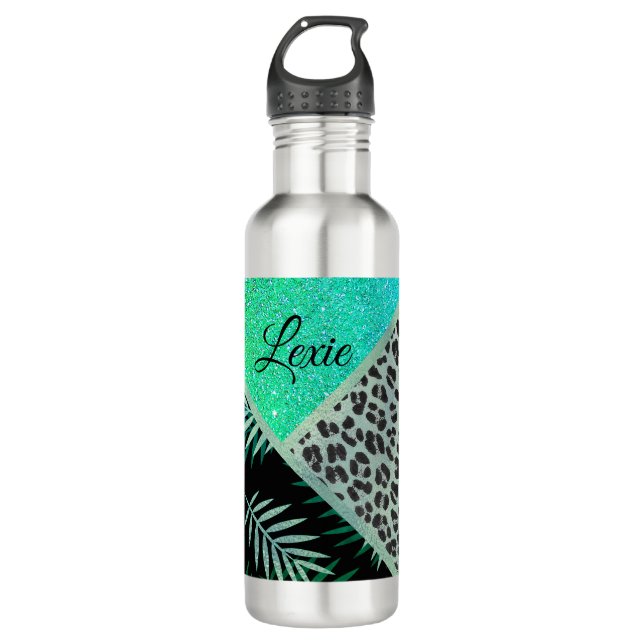Glittery Teal Ferns Leopard Print      710 Ml Water Bottle (Front)