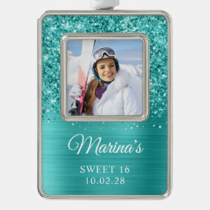 Glittery Teal Foil Sweet 16 Photo Silver Plated Framed Ornament