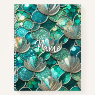 Glittery Teal Mermaid Tail And Flowers Print Name Notebook