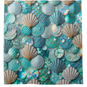 Glittery Teal Mermaid Tail Scales Print And Shells Shower Curtain
