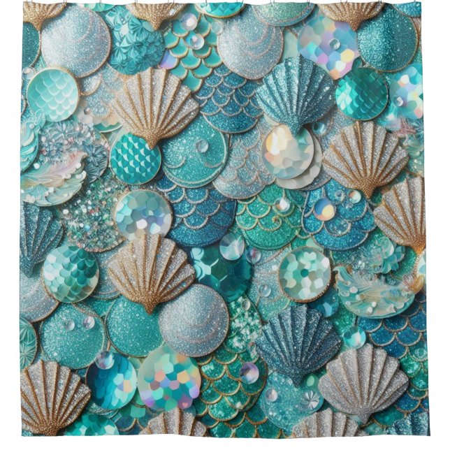 Glittery Teal Mermaid Tail Scales Print And Shells Shower Curtain (Front)