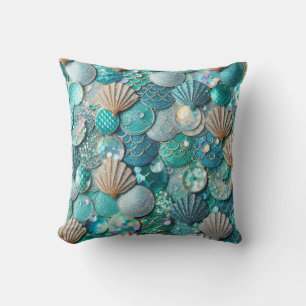 Glittery Teal Mermaid Tail Scales Print Cushion
