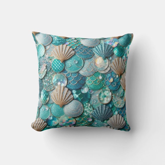 Glittery Teal Mermaid Tail Scales Print  Cushion (Front)