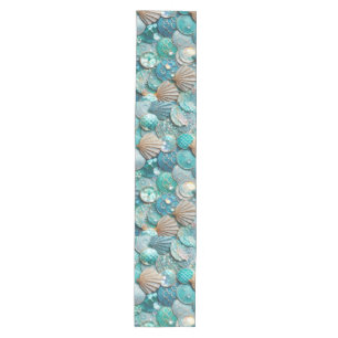 Glittery Teal Mermaid Tail Scales Shells Print Medium Table Runner