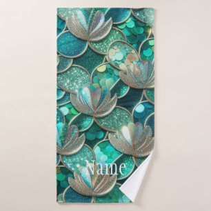 Glittery Teal Mermaid Tail Shells Print Name Bath Towel