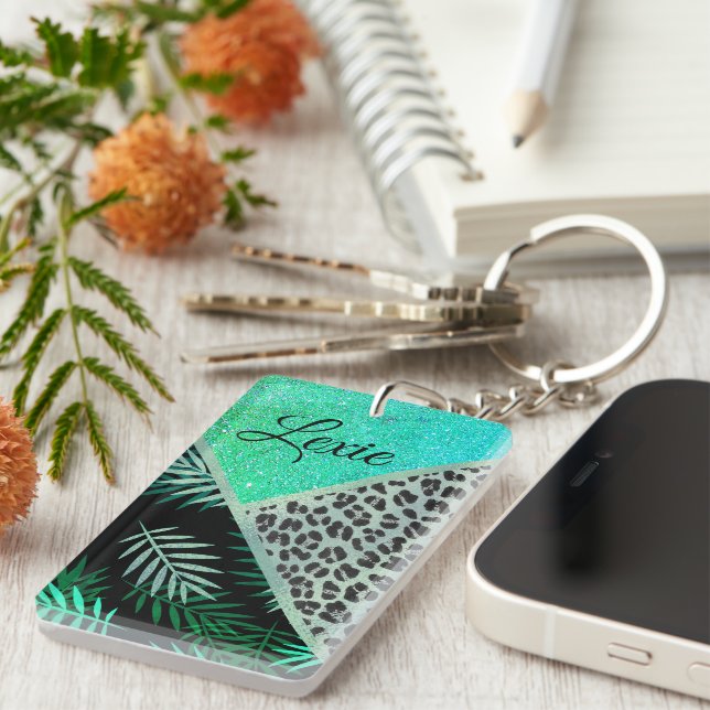 Glittery Teal Tropical Leopard Personalised    Key Ring (Front Right)