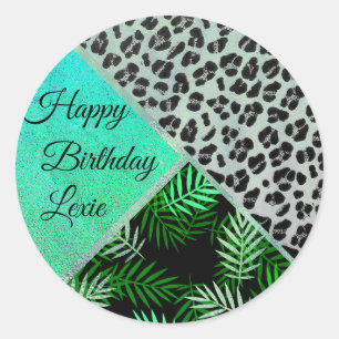 Glittery Teal Tropical Leopard Print Birthda       Classic Round Sticker
