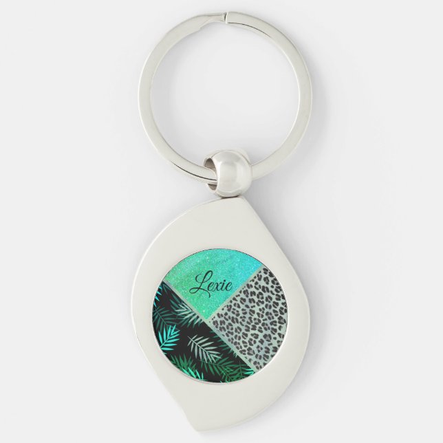 Glittery Teal Tropical Leopard Print Custom    Key Ring (Front)
