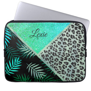 Glittery Teal Tropical Leopard Print Laptop Sleeve