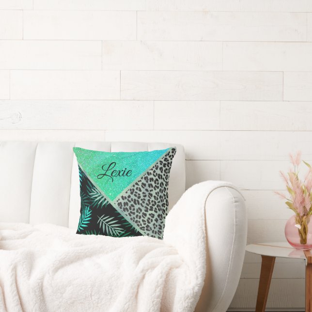 Glittery Teal Tropical Leopard Print Personalised  Cushion (Couch)