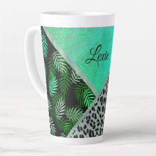 Glittery Teal Tropical Leopard Print Personalised Latte Mug