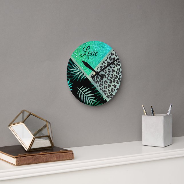 Glittery Teal Tropical Leopard Print       Round Clock (Office)