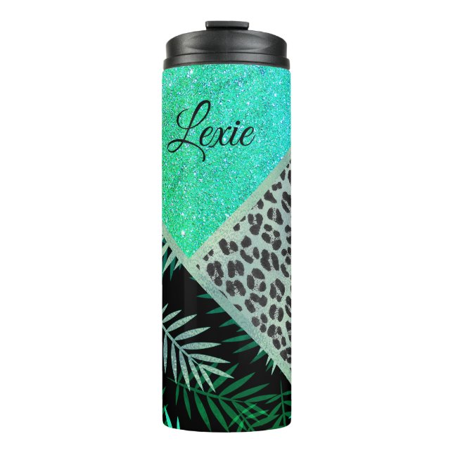 Glittery Teal Tropical Leopard Print      Thermal Tumbler (Front)