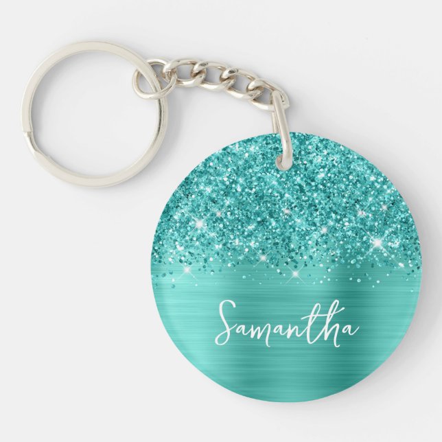 Glittery Teal Turquoise Glam Key Ring (Front)