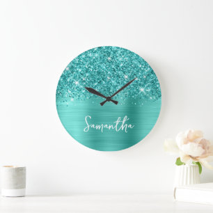 Glittery Teal Turquoise Glam White Script Name Large Clock