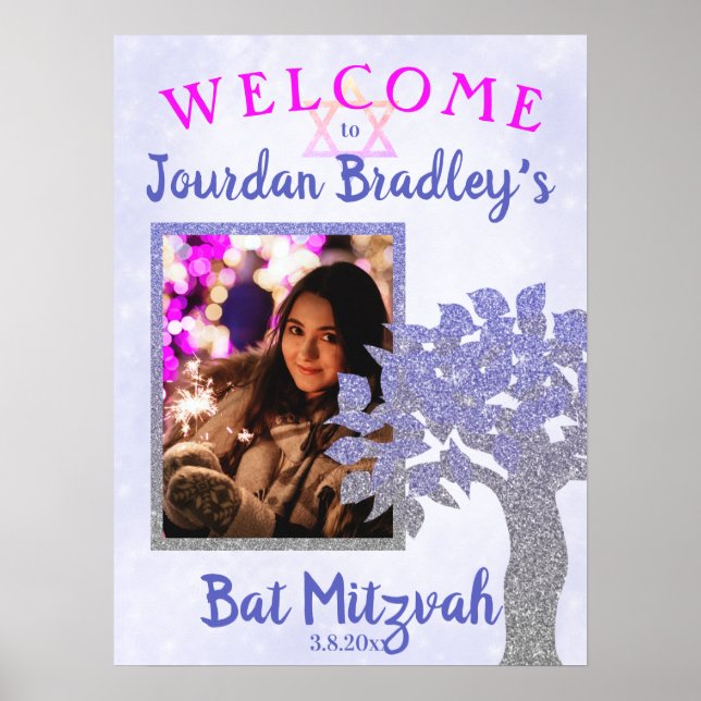 Glittery Tree Bat Mitzvah Welcome Sign (Front)