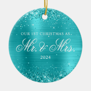 Glittery Turquoise Blue Foil Our 1st Christmas Ceramic Ornament