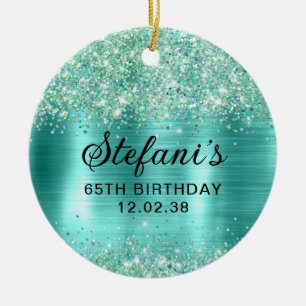 Glittery Turquoise Foil 65th Birthday  Ceramic Ornament