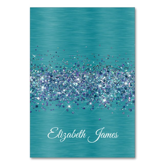 Glittery Turquoise Individual Name Place Cards (Front)