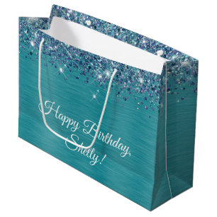 Glittery Turquoise Personalised Happy Birthday Large Gift Bag