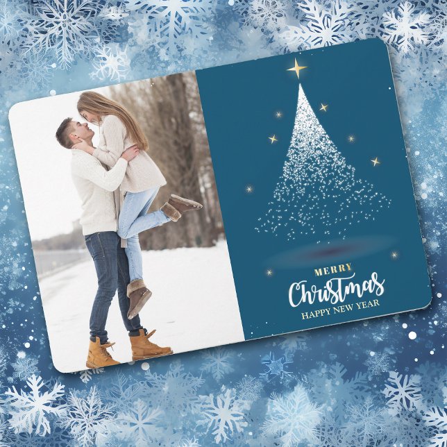 Glittery White Christmas Tree Blue Two Photo Holiday Card (Creator Uploaded)