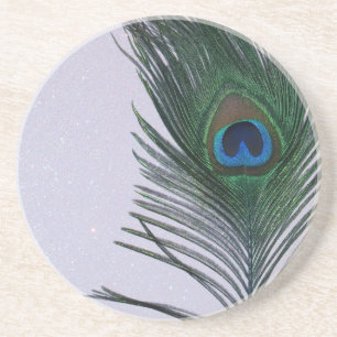 Glittery White Peacock Feather Still Life Coaster