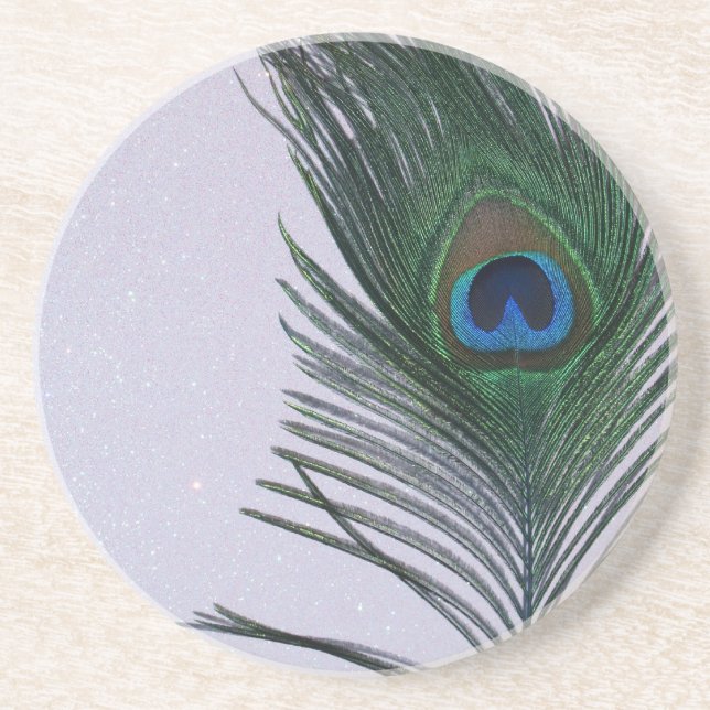 Glittery White Peacock Feather Still Life Coaster (Front)