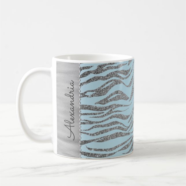 Glittery Zebra Print on Blue Personalised Coffee Mug (Left)
