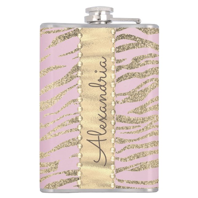 Glittery Zebra Print on Pink Blush Personalised Hip Flask (Back)