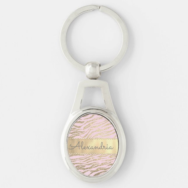 Glittery Zebra Print on Pink Blush Personalised Key Ring (Front)