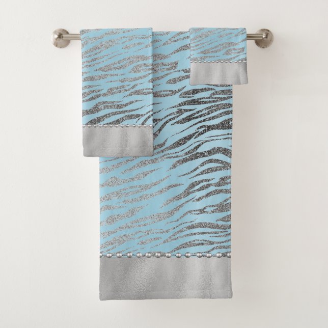 Glittery Zebra Print on Turqoise  Bath Towel Set (Insitu)
