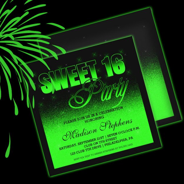 Glitz and Glamorous Black and Neon Green Sweet 16 Invitation (Creator Uploaded)