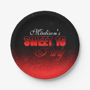 Glitz and Glamourous Black and Red Sweet 16 Paper Plate