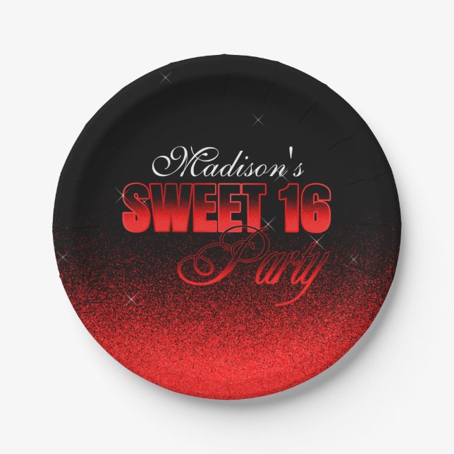 Glitz and Glamourous Black and Red Sweet 16 Paper Plate (Front)