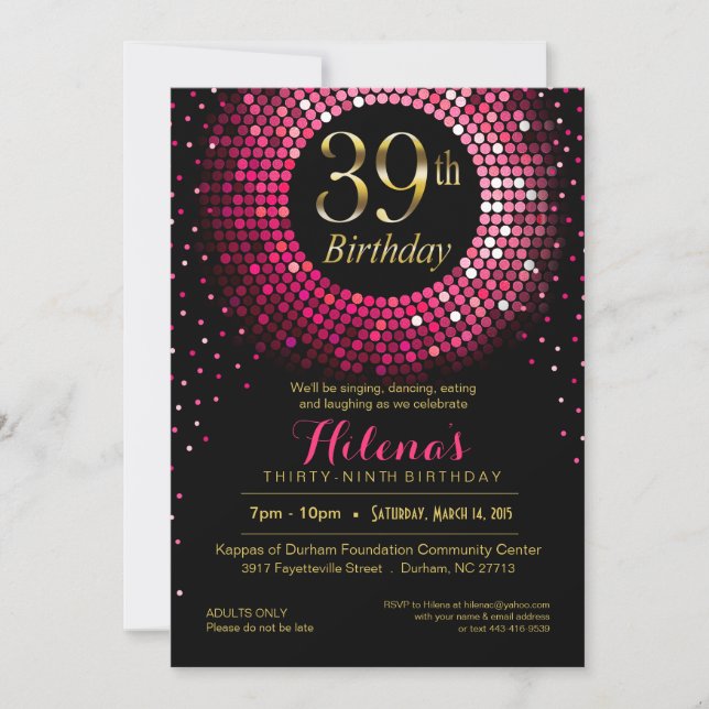 Glitz Bling Confetti 39th Birthday | fuchsia gold Invitation (Front)