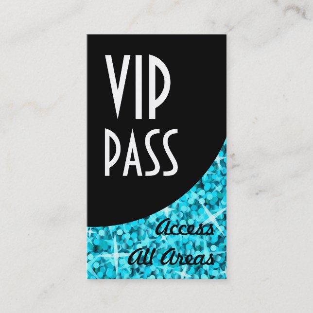 Glitz Blue 'VIP Pass' Black Curve business card (Front)