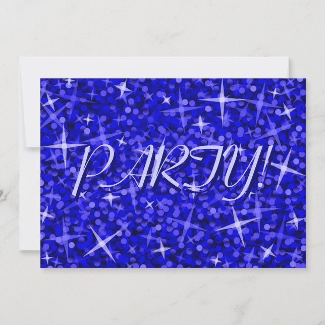 Glitz Dark Blue 'Party!' invitation blue text (Front)