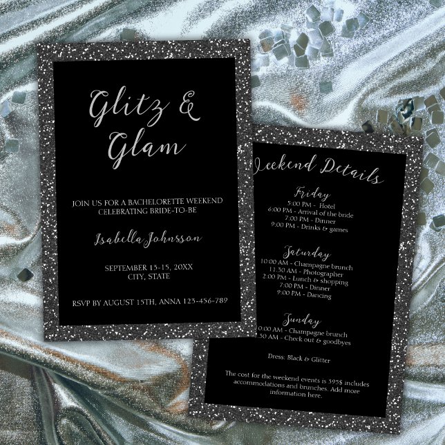 Glitz & Glam Black Glitter Bachelorette Weekend Invitation (Glitz & Glam Black Glitter Bachelorette Weekend Invitation silver)