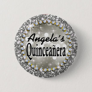 Glitz Glam Bling Quinceañera Celebration silver 6 Cm Round Badge
