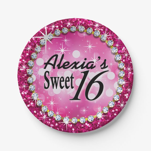 Glitz Glam Bling Sweet 16 Celebration fuschia Paper Plate (Front)
