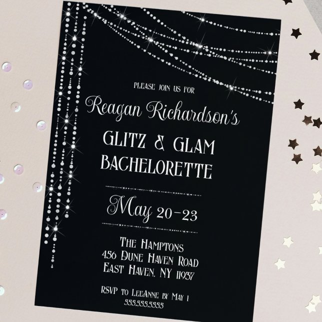 Glitz & Glam Diamond Bachelorette Weekend Invitation (glitz and glam bachelorette disco theme sparkles glitter glamorous invitation girls weekend silver)