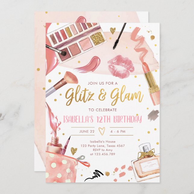 Glitz Glam Glamour Spa Party Girl Makeup Birthday Invitation (Front/Back)